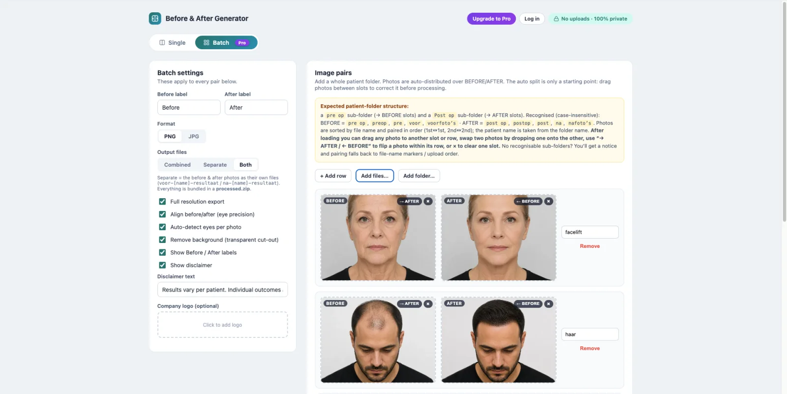 De batch-modus van de generator met meerdere fotoparen die automatisch gekoppeld zijn, met instellingen voor labels, formaat en disclaimer
