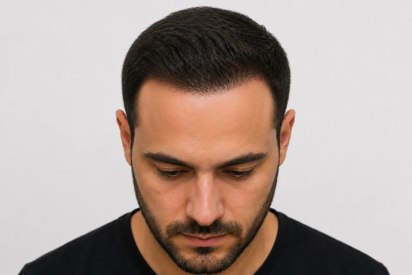 Bovenaanzicht van hetzelfde hoofd met volle haargroei, na de haartransplantatie