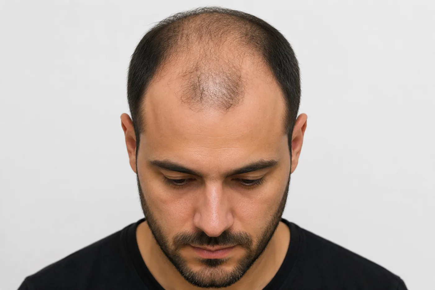 Bovenaanzicht van een hoofd met kalende kruin, voor de haartransplantatie