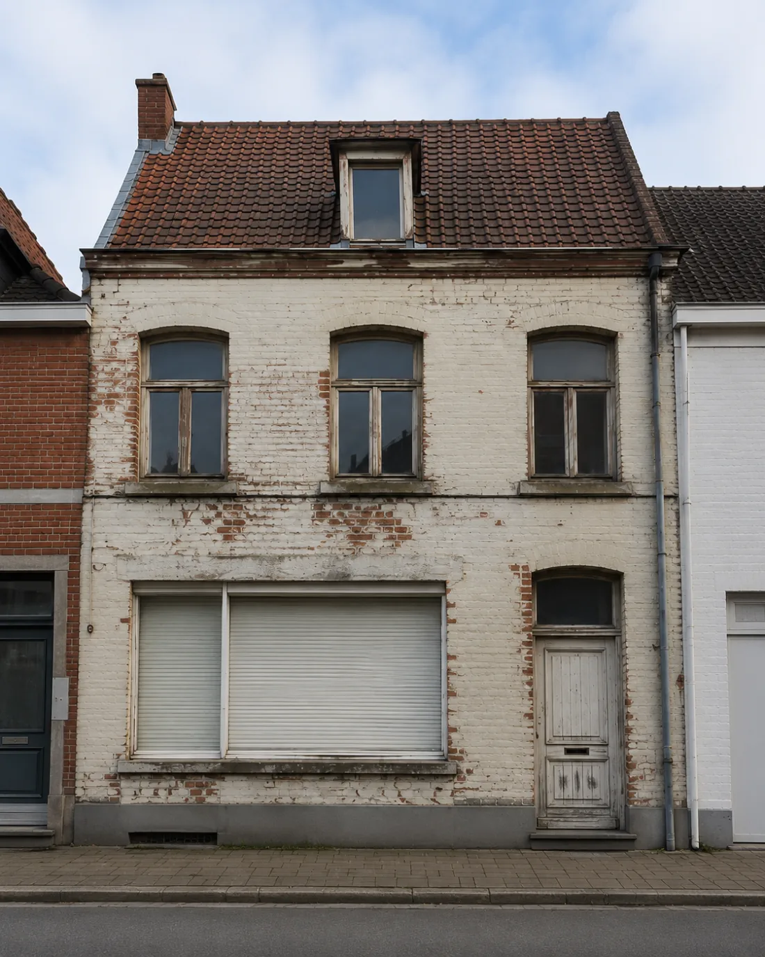 Rijwoning met verweerde gevel en oude ramen, voor de renovatie